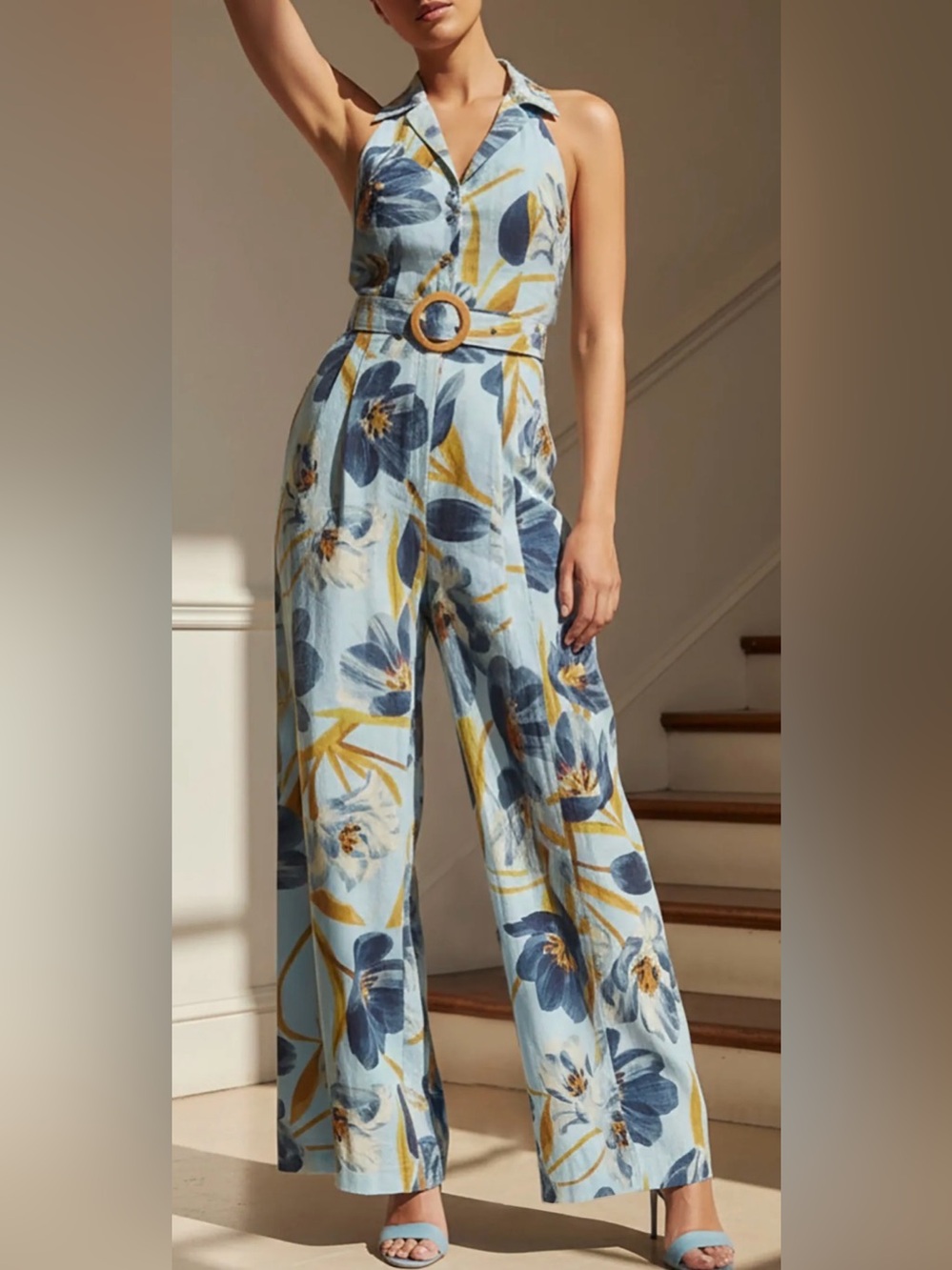Sleeveless Floral Halter top and pants set with Belt - Light Blue/Orange # 336